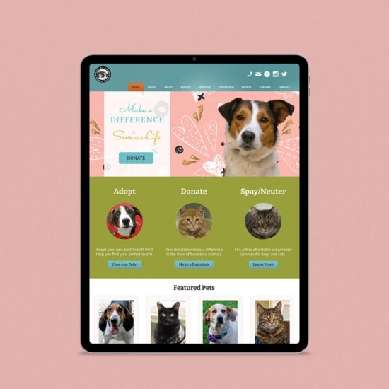 An iPad screen with an image of Action For Animals Humane Society homepage from their website