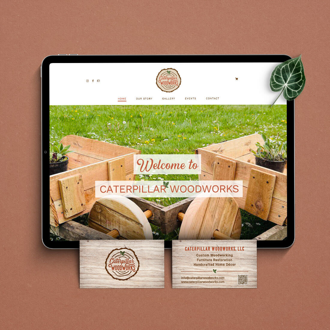Images for Caterpillar Woodworks featuring their logo, business card, and screenshot of the homepage on their website