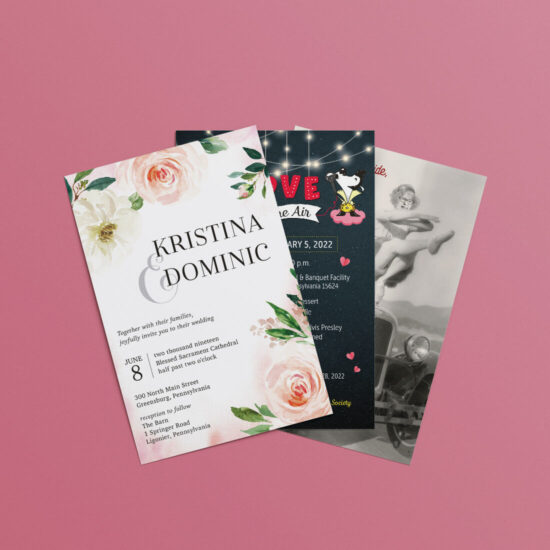 Front images of 3 invitation designs: Kristina & Dominic wedding, Action For Animals Love is in the Air event, Lincoln Highway 25th anniversary event