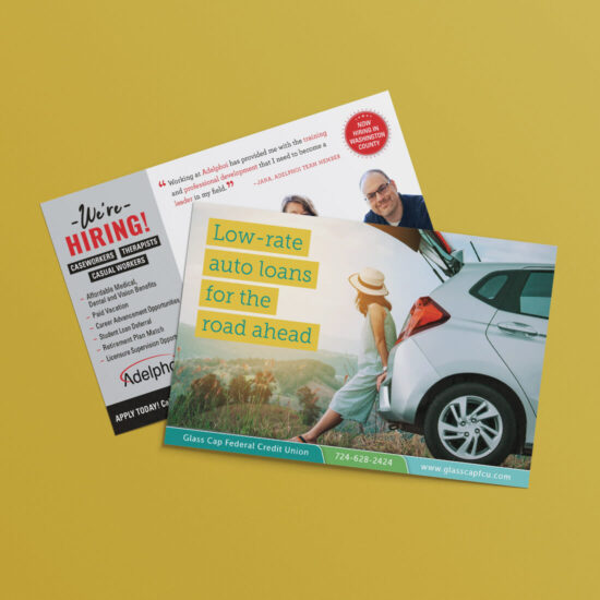 2 different designs of postcards: Adelphoi and Glass Cap Federal Credit Union