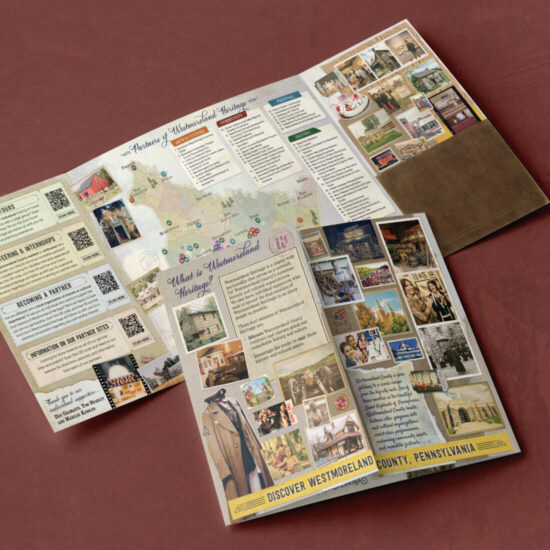 Images of a printed folder design for Westmoreland Heritage, showing the inside pages